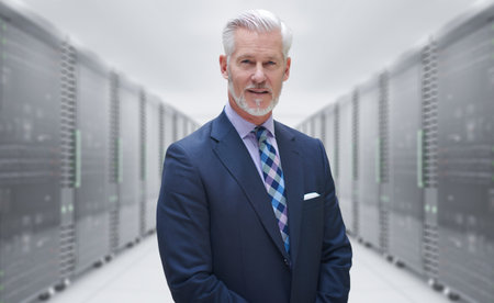 Portrait of senior businessman in big rack server room