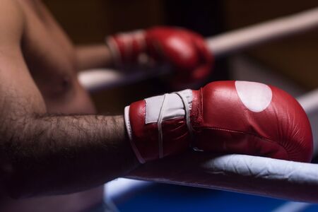 muscular professional kick boxer resting on the ropes in the corner of the ring while training for the next match with a focus on the glovesの写真素材