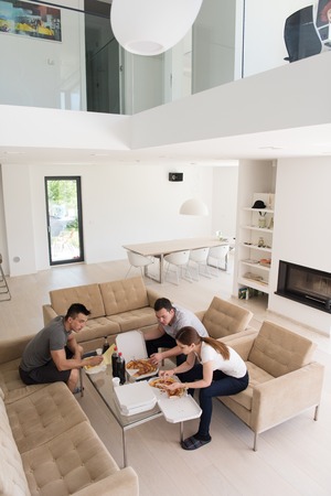 a group of young people cheerfully spending time while eating pizza in their luxury home villaの写真素材
