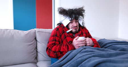 young Handsome sick man is holding a cup while sitting on couch covered in plaid
