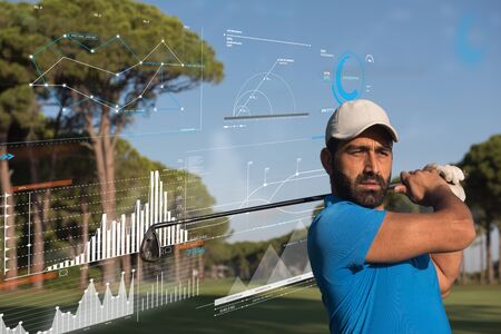 pro golf player shot the ball from sand bunker at course with infographics in the backgroundの写真素材