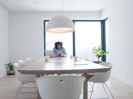 Handsome casual young man using a mobile phone in homemade office at luxury homeの写真素材