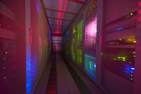 panel modern communication equipment with light from the display at data center in the server room