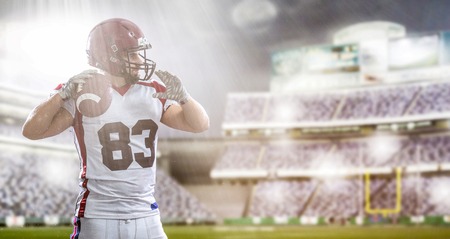 American Football Player isolated on big modern stadium field with lights and flaresの写真素材