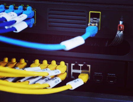 network server room with computers for digital tv ip communications and internet