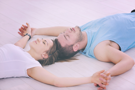 happy young couple fitness workout and fun at sport gym club の写真素材