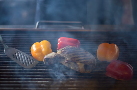 delicious grilled meat steak with vegetables on a barbecue