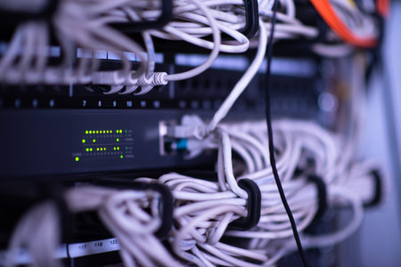 Optical cables connected to the main server in the server room of the data center
