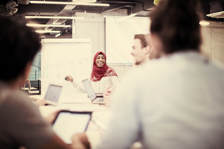 young black muslim businesswoman giving presentations to her multiethnic business team at modern startup officeの写真素材
