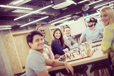 Multiethnic Business team using virtual reality headset in office meeting  Developers meeting with...