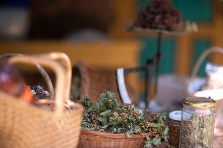 Herbalist workshop with bottles and healing herbs