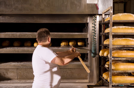 bakery worker taking out freshly baked breads with shovel from the professional oven at the...