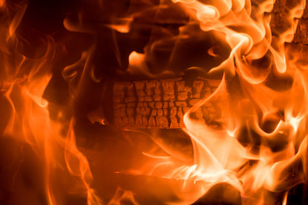 Fire background  Burning firewood in the fireplace close up