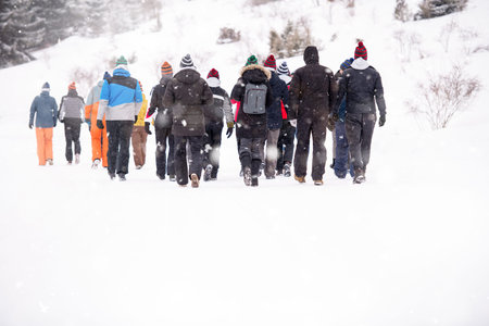 group of young business people walking through beautiful winter landscape with snowflakes around...