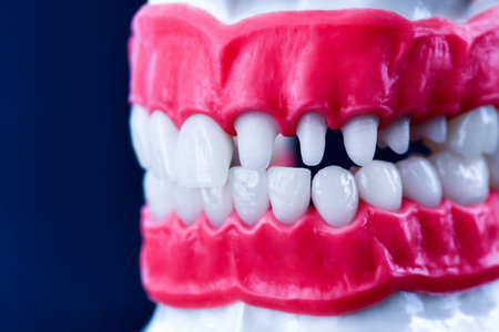 Human jaw with teeth and gums anatomy model medical illustration isolated on blue background....