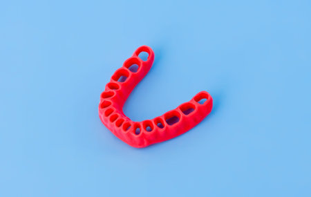 human gums without teeth model medical illustration isolated on blue background. Healthy teeth,...