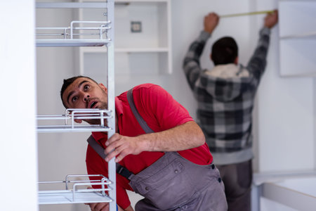 two professional workers installing a new stylish modern kitchen furniture