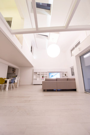 interior of a luxury stylish modern open space design two level apartment with white walls