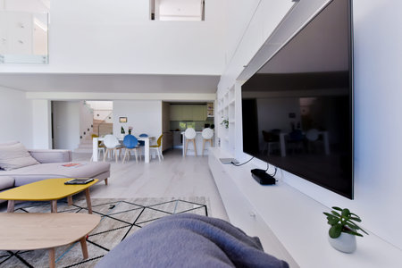 interior of a luxury stylish modern open space design two level apartment with white walls