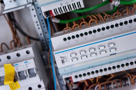 new automated system of electric power supply and distribution. Electric boxes with high-voltage equipment. The scheme for supplying electric power through the main and reserve channelsの写真素材