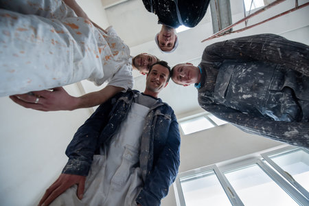 Directly below portrait of Workers and builders with dirty uniform in apartment that is under...