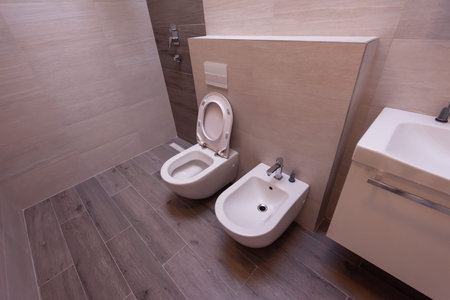 work in progress  luxury stylish unfinished bathroom interior with toilet,bidet sink fancy shower on...