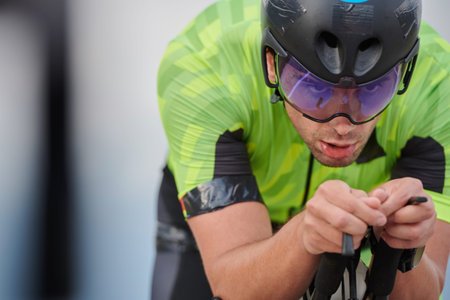 closeu of triathlon athlete riding professional racing bike at workout