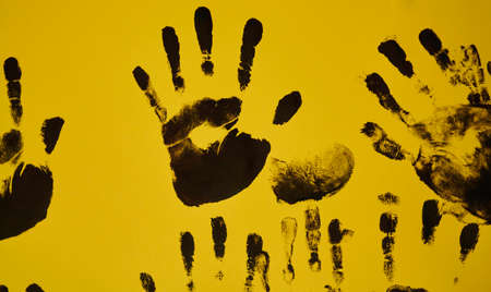 creative children black handprints paintingの写真素材