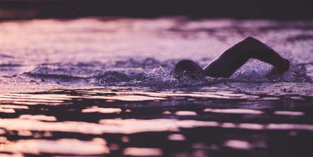 triathlon athlete swimming on lake in sunrise wearing wetsuitの写真素材