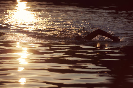 triathlon athlete swimming on lake in sunrise wearing wetsuit