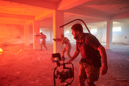 Videographer Taking Action Shoot of Soldiers in Action urban environment