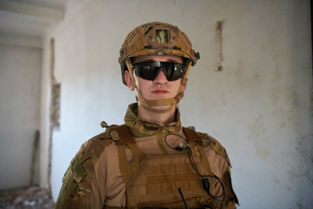 modern warfare soldier portrait in urban environmentの写真素材