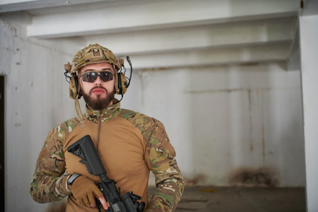 modern warfare soldier portrait in urban environment