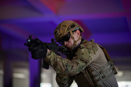 modern warfare soldier in urban environment battlefield aiming on weapons and scanning for target