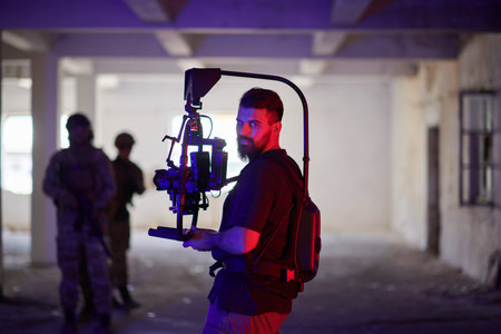 Videographer Taking Action Shoot of Soldiers in Action urban environment