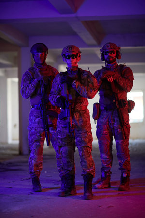 soldier squad team portrait in urban environment colored lightisの写真素材