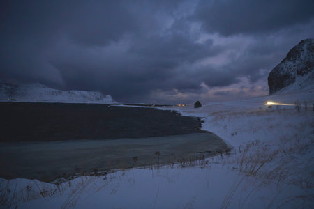 norway coast in winter with snow bad cloudy weather