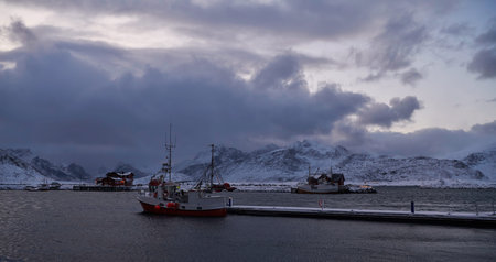 Traditional Norwegian fishermans cabins and boatsの写真素材