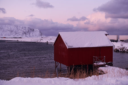 Traditional Norwegian fishermans cabins and boatsの写真素材