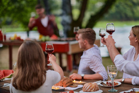 friends toasting red wine glass while having picnic french dinner party outdoorの写真素材