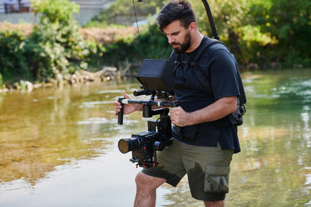 a professionally equipped cameraman shoots in the water surrounded by beautiful nature.