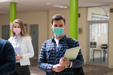 Multiethnic students group wearing protective face mask