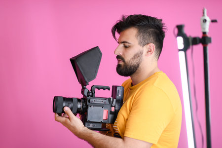 cameraman with professional equipment shoots video clips
