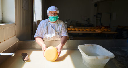 Workers preparing raw milk for cheese production