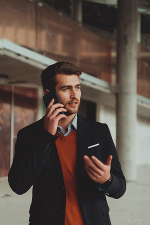 businessman architect using a smartphone while overseeing the construction site