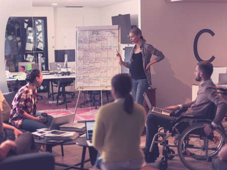 Pregnant Businesswoman Leads Creative Meeting Of Business Team In Modern Coworking open Space Officeの写真素材