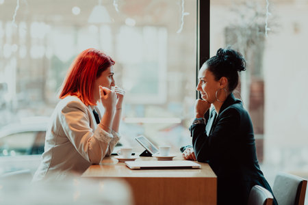 Two young business women sitting at table in cafe.Girl using laptop, smartphone, blogging. Teamwork, business meeting. Freelancers working...の写真素材