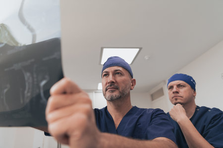 Orthopedist doctor team examining digital X-ray picture in clinic or hospital