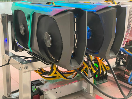 Row of bitcoin miners set up on the wired shelfs. Device for mining crypto currency. Mining...