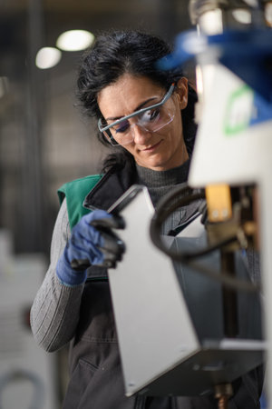Woman worker wearing safety goggles control lathe machine to drill components. Metal lathe...